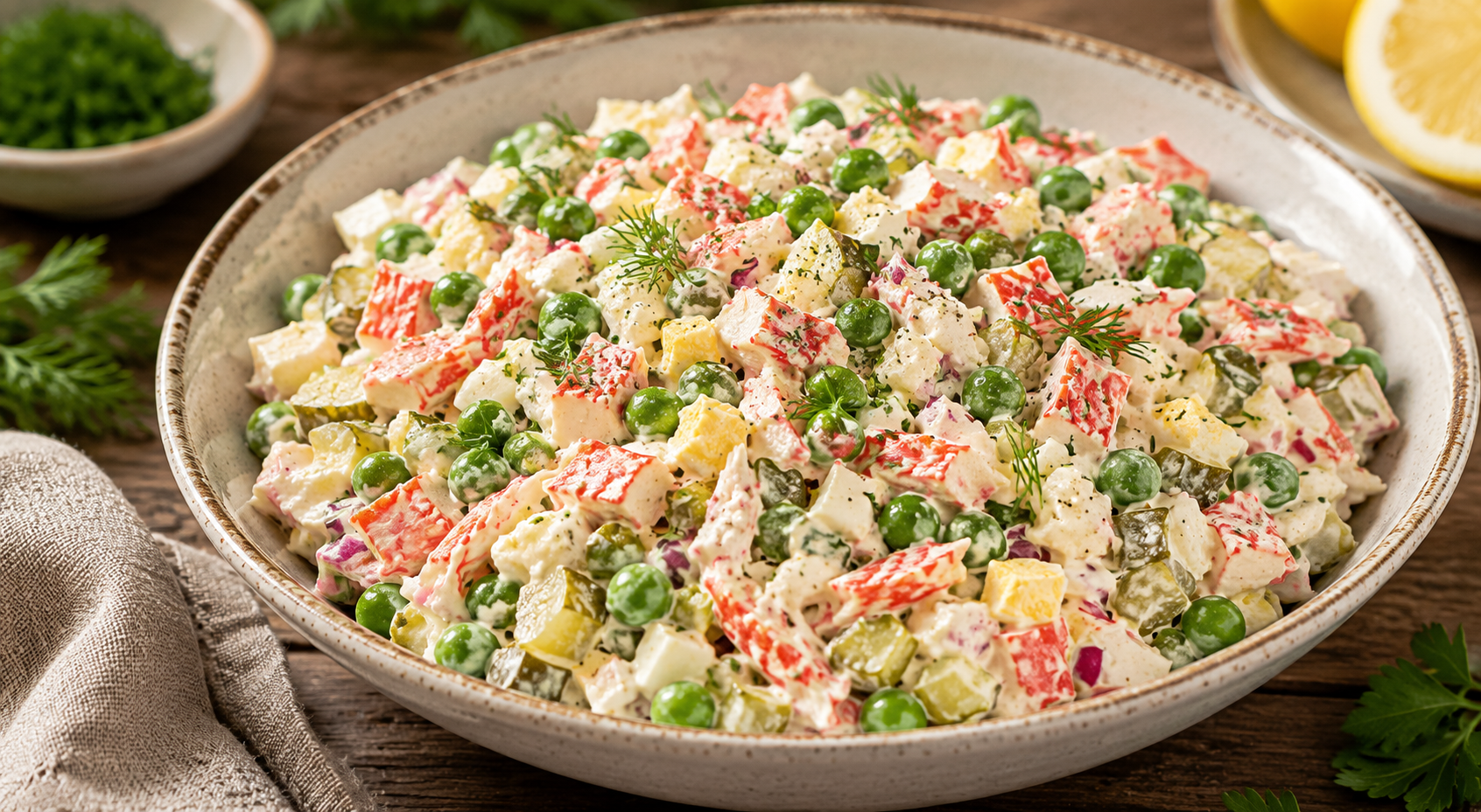 Creamy Crab Salad with Pickles and Peas